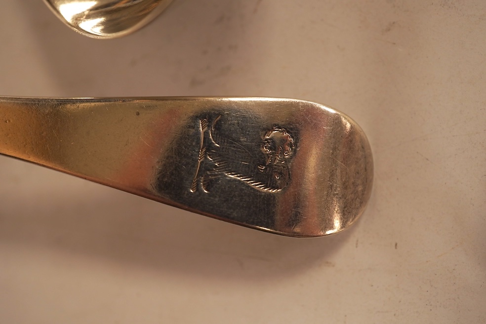 Two pairs of George III silver Old English pattern sauce ladles, Robert Sallam, London, circa 1770, 16.6cm and William Sumner I, London, 1788, together with a George III silver sifter spoon, by Eley & Fearn, London, 1796